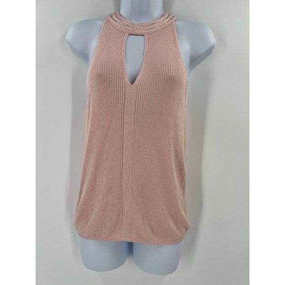 WHBM Medium Pink Ribbed Halter Top Sleeveless Keyhole Mock Neck Sweater Shell - Picture 1 of 11